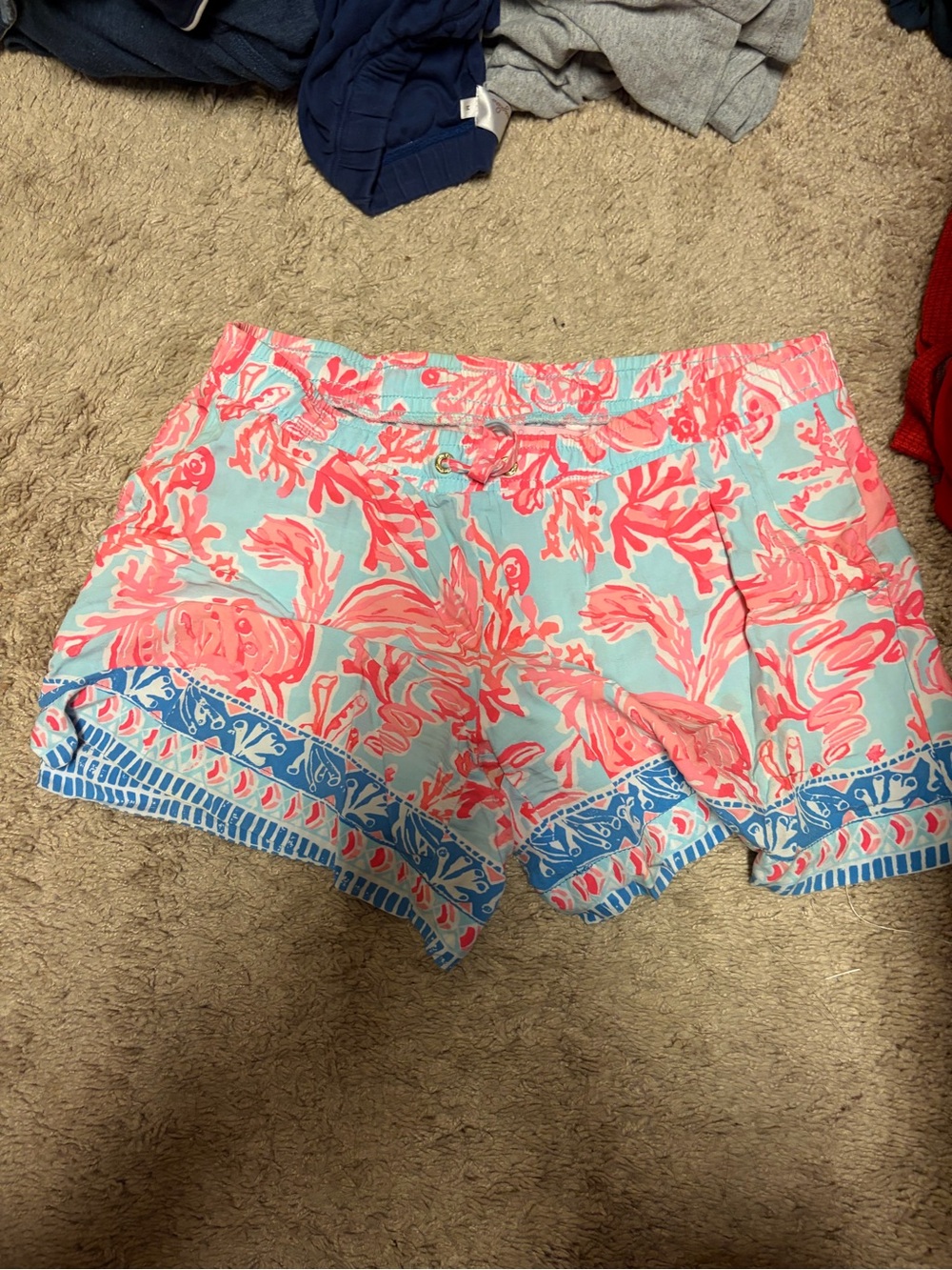 Lilly Pulitzer Coral Floral Print Shorts on Aqua